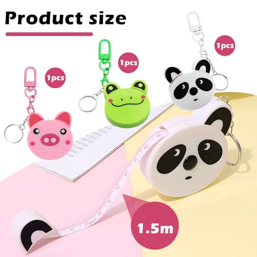 3 Pcs Retractable Kids Fabric Measuring Tape, Cartoon Animal Body Measuring Tapes with Keyring, for Craft Nursing Medical Travel