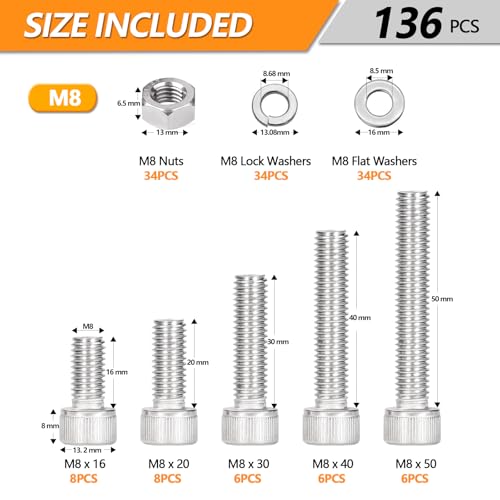 136 Pcs M8 Hex Socket Head Cap Screws Kit, M8-16/20/30/40/50mm Bolts | 304 Stainless Steel M8 Metric Screws Assortment Kit, Bolts Nuts and Washers for Auto, Motorcycle 3D Printer And Machinery - size: M8 - 16/20/30/40/50mm