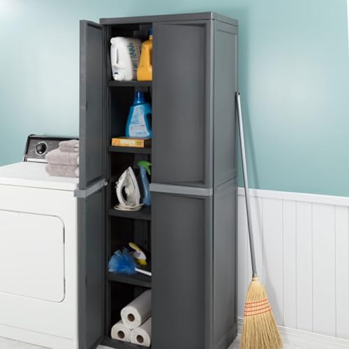 Sterilite 4 Shelf Cabinet, Lockable Utility Storage, Gray
