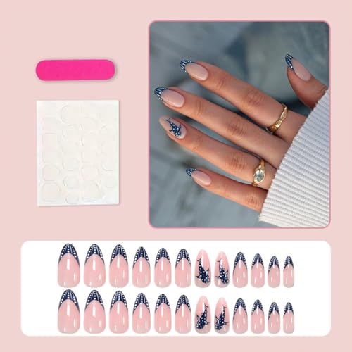 Summer Press On Nails Short Almond Nude with French Tip Blue Whale Shark - color: Style24