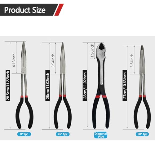 4 Piece 11" Extra Long Needle Nose Pliers Set with Insulated Comfort Grip - size: 4 Pieces - 11" - Straight/45°/90°/Diagonal