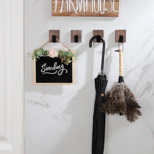 DELITON Adhesive Towel Hooks,Wall Hooks for bathrooms Without Drilling, Wood Wall Hooks for Hanging Robe, Towel, Bag Stick on Farmhouse Bathroom Bedroom Entryway 4 Packs Burned Brown - color: Dark Brown