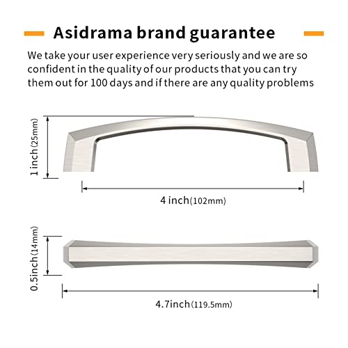 Asidrama 10 Pack 4 inch Brushed Satin Nickel Kitchen Cabinet Handles - color: Brushed Satin Nickel, size: 4" Hole Center(102mm)
