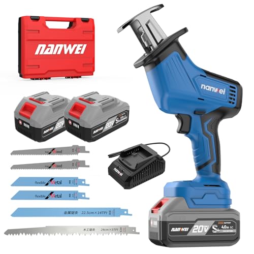NANWEI Cordless Reciprocating Saw, 20V Brushless Motor 3500RPM Variable Speed, 2×4.0Ah Batteries, Tool-Free Blade Change, LED Light, 6 Blades, Portable for Wood/Metal/PVC Cutting (4.0Ah Batteries)