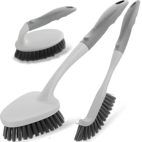 3 Pack Heavy Duty Scrub Brush Set for Household Use, Long Scrub Brush, Handheld Scrub Brush, and Crevice Brush with a Scraper Head for Cleaning Bathroom, Tile, Grout, Tub, Floor, Sink