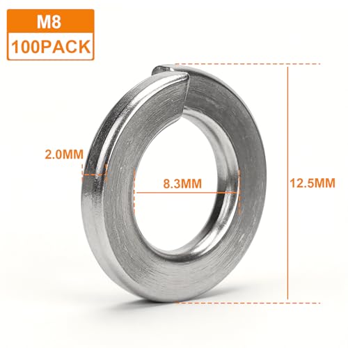 100Pcs M8 Spring Lock Washer, 304 Stainless Steel - color: Silver, size: M8
