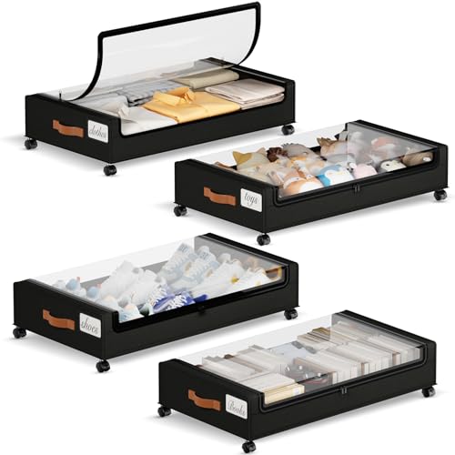 Yecaye 60L Under Bed Storage with Wheels, 4 Pack, Black - color: Black, size: 4 Pack