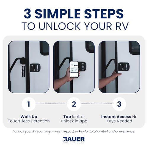 Bauer NE Bluetooth Keyless Entry Door Lock with Handle, Close Field Technology, Essential Camper Must Haves, Secure Trailer, Durable RV Door Latch, Convenient RV Lock Keyless Entry