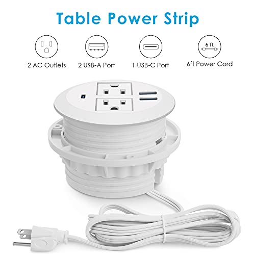 Jgstkcity 2-in-1 Desktop Power Grommet with USB-C Output, 125V, 12A, 2 AC Outlets, 3 USB Charging Ports, White - color: White