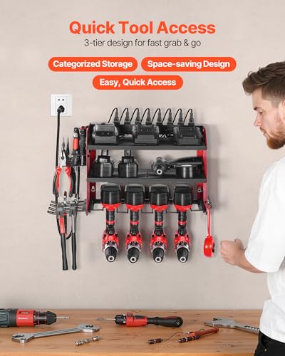VEVOR Power Tool Organizer with Charging Station, 3-Layer Drill Storage Rack with 4 Drill Holders & Side Pegboard, Garage Tool Organizer Built in 8 Outlet Power Strips for Garage, Workbench, Workshop - size: 3-Layer 4 Drill