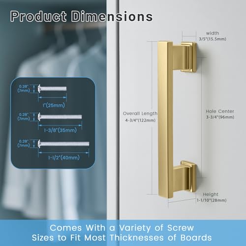 KNOBWELL 6 Pack Brushed Gold Solid Cabinet Pulls 3-3/4 Inch(96mm) Hole Center Kitchen Cabinet Handles,Cabinet Hardware for Cupboard Drawer Pulls - color: Brushed Gold, size: Hole Center：3-3/4 inch（96mm）