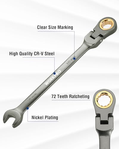 WORKPRO 10 mm Flex-Head Ratcheting Combination Wrench, Nickel Plating - size: 10 mm, style: Nickel Plating