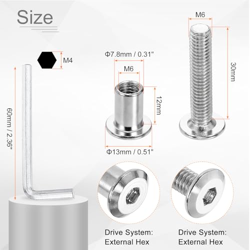 HARFINGTON 10 Set M6x30mm Hex Drive Socket Cap Bolt and M6x12mm Nuts with M4 Hex Wrench, Furniture Connector Bolts and Screws for Furniture Countersunk Belt, Silver - size: M6x30mm, M6x12mm