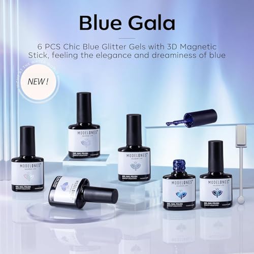 modelones Blue Gel Nail Polish Set 6 Color, Light Dark Blue White Galaxy - color: A A A2 Icy Blue Gala