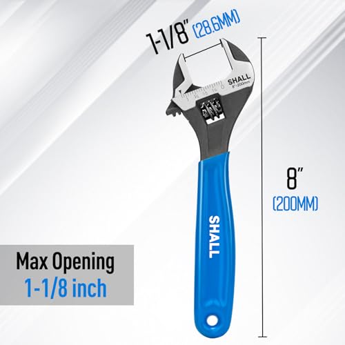 SHALL 8 Inch Adjustable Wrench, Cr-V Steel Spanner with Cushion Grip, Wide Jaw Black Oxide Wrench with Laser-etched SAE Scales for Home, Garage, Workshop and DIY - size: 8 Inch