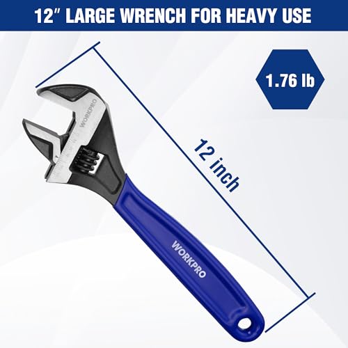 WORKPRO 12-Inch Adjustable Wrench, Wide Jaw Cr-V steel Wrench - color: Blue, size: 12-Inch