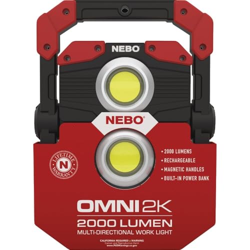 NEBO OMNI 2K Rechargeable Work Light | 2000 Lumens COB, 6 Light Modes, Rotating Magnetic Handles, Built-In Power Bank, Water Resistant, Portable Camping Lantern, Includes USB-C Charging Cable - style: 2000 Lumens