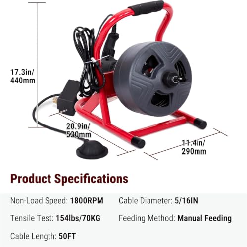 HoldwellS Drain Cleaner Machine 50Ft x 5/16", Electric Drain Auger Snake - color: 50FT 5/16inch (Manual Feed)