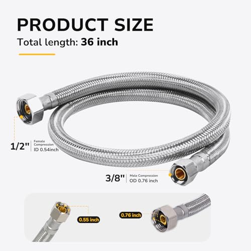 36" Faucet Supply Line, 3/8 inch Comp x 1/2 inch FIP Faucet Connector, Braided Stainless Steel Faucet Hose for Bathroom Sink and Kitchen, Leak-Resistant cUPC Certified Water Supply Line, 2 Pack - size: 36inch