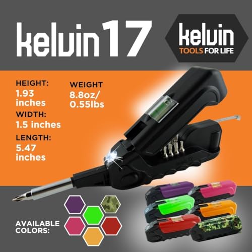 Kelvin Tools - Kelvin 17 Urban Screwdriver Set, All in One Everyday Multitool Screwdriver, Multi-Tip, Compact & Universal Precision, 13 Bit Set with Tape Measure, Liquid Level, Hammer and Flashlight - color: Red