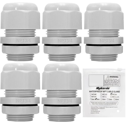 MAKERELE 3/4 Inch 5pcs NPT Cable Glands IP68 Waterproof Adjustable 13-18mm - color: Grey, size: 3/4" 5pcs BAG