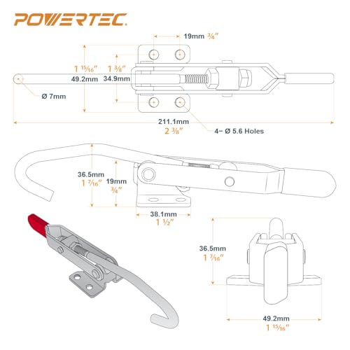 POWERTEC 2PK J Hook Toggle Clamp, 375 lbs Holding Capacity, 451 Adjustable Pull Action Latch for Smoker, Tool Box, Woodworking Jigs and Fixtures, Cabinet, Lids, Door, Truck (20308-PV2) - style: 451, 2PK