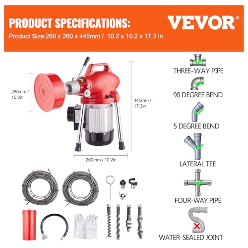 VEVOR Drain Cleaner Machine 120FT x 5/8 Inch, 370W Electric Sewer Snake Auger Manual Feed - with 2 Sectional Steel Cables(120' x 5/8" and 23' x 3/8"), 7 Cutters and CW/CCW Control for 1.6" to 4" Pipes - style: 120Ft x 5/8Inch & 7 Cutters