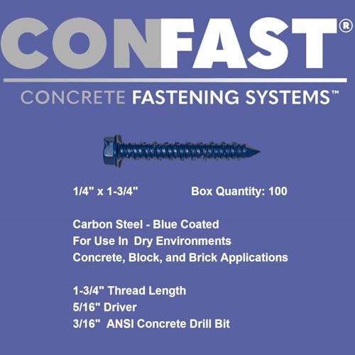 CONFAST 1/4" x 1-3/4" Hex Head Concrete Screw Anchor with Drill Bit for Anchoring to Masonry, Block or Brick (100 per Box) - size: 1/4" x 1-3/4"