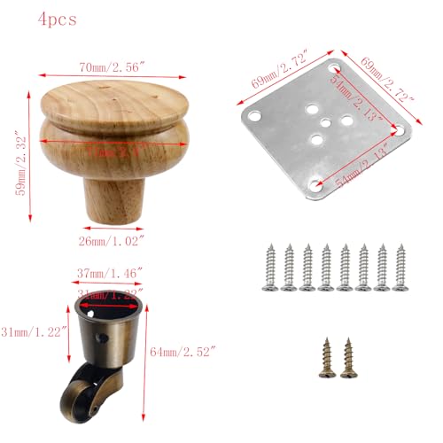 4pcs 4" Wooden Furniture Legs with Furniture Casters, Gourd Shape - color: Wood Color, size: Height: 4"