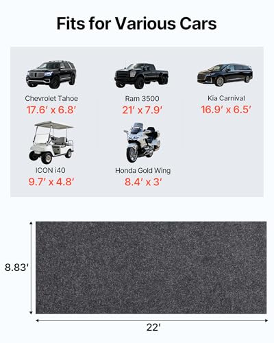 VEVOR Garage Floor Mat, 8'10"x22' Waterproof Protection from Water,Snow, Rain,Mud and Oil for Cars, Non-Slip Heavy Duty Containment Mat with TPE Anti-Leak Backing & Easy to Clean & Cuttable - size: 8.8' x 22'