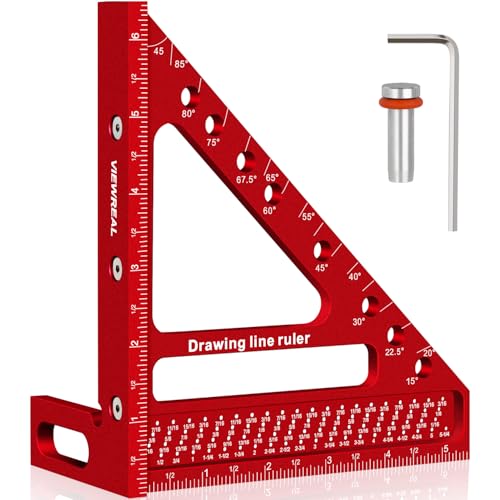 Large Carpenter Square 6.5''x5.79''Protractor Ruler with 3D Multi-Angle Measuring and Scribing Features with Anti-Lost Pin for Accurate Woodworking & Construction - color: Red