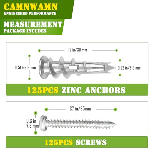 250pcs #8 Metal Self-Drilling Drywall Anchors, (125 Anchors+125 Screws) Hollow Zinc Wall Anchors and Screws Kit, 125pcs Heavy Duty Anchors 125pcs #8 x 1-1/4" Screws