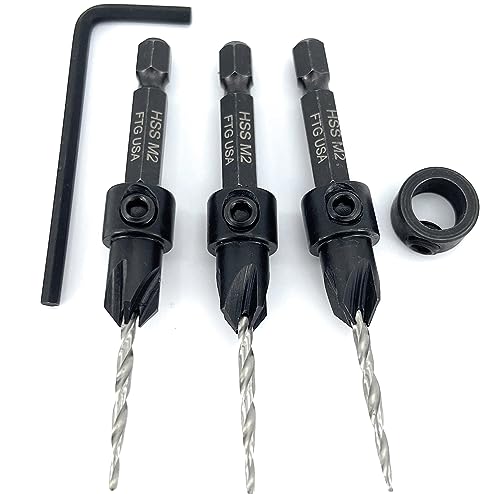 FTG USA #4 (7/64") Wood Countersink Drill Bit 3-Pc Set with 3/8" Depth Stop - size: #4, style: 3 Pc with Depth Stop