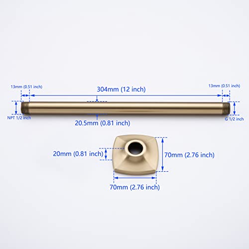 Ceiling Mount Shower Arm with Flange, 12 Inch(300mm) Shower Arm, Brushed Gold Straight,SW-91038-12BG. - color: R-angle Square Flange-12" Brushed Gold