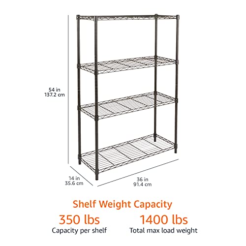 Amazon Basics 4-Shelf Adjustable Heavy Duty Steel Wire Rack Storage Shelving, Sturdy Garage Shelving, 350 lbs Capacity Per Shelf, Easy No-Tool Assembly, 36" x 14" x 54", Black - color: Black, size: 36" L x 14" W x 54" H, style: 4 -Shelf