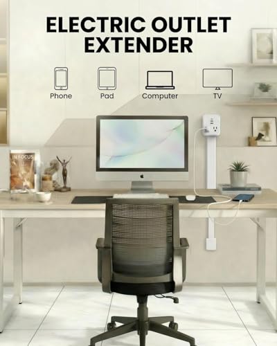 Outlet Extender Stick 17.2''–25.8'' Adjustable with USB C & 2 USB Ports, Electrical Outlet Extender with 2 AC Outlets, Flexible Rotat Plug for Multi-Angle Use in Home, Office, RV Tight Spaces