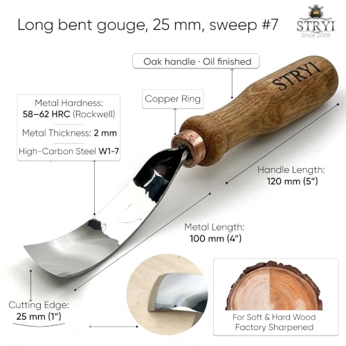 STRYI Profi #7 1in Profile Long Bent Gouge - Professional Sloping Wood Carving Chisel - High Carbon Steel 62 HRC - Hand Forged Tool for Background Clearing, Bowl & Relief Carving
