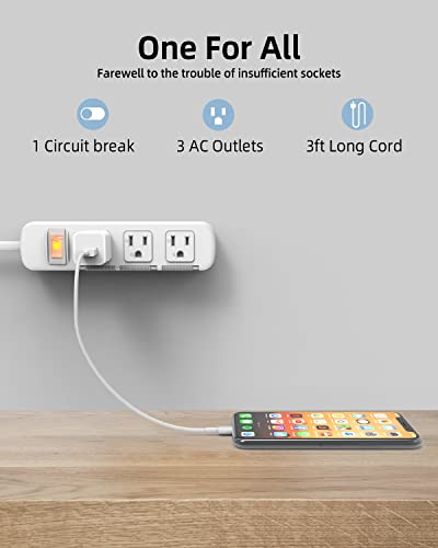 Flat Plug Power Strip Surge Protector 3 Outlets, Extension Cord 3 ft 3 Prong, 300J, 10A/1250W, Overload Protection Switch, Plug Strip for Home Office, Child Safety Slide Outlet Covers - style: 3ft/Ordinary Flat Plug