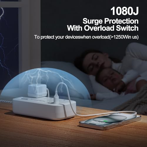 Small Power Strip 5 FT - Flat Plug Outlet Extender, 9-in-1 Surge Protector with 6 AC Outlets 3 USB (USB-C), 5ft Braided Extension Cord, Wall Mountable for Home Office Living Room TV Stand Bedside Desk - size: 5 FT