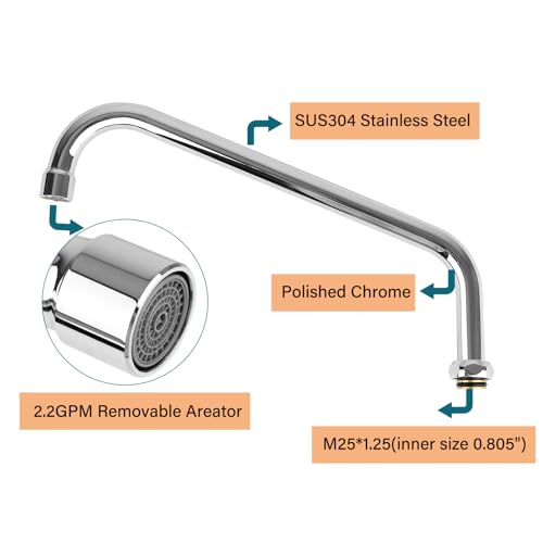 Brass Swivel Swing Nozzle Spout Replacement Kit for Most T and S Commercial Kitchen Sink Faucet, 12" Spout Reach with MAX 2.2 GPM Aerator