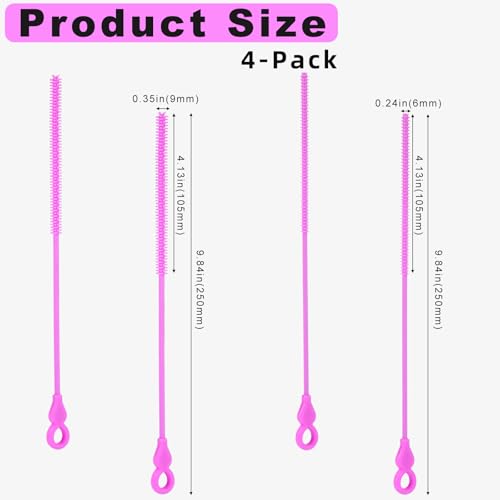Silicone Straw Cleaner Brush, 4Pcs Reusable Straw Brush Set with Extra-Long Design for Cleaning Thin Metal Straws and Wider Milkshake Straws （6mm+9mm Purple) - color: Purple