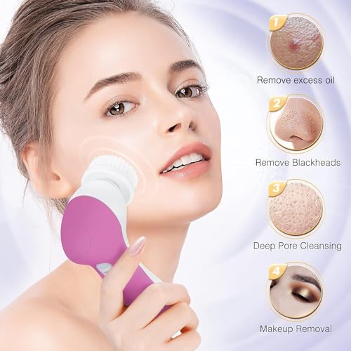 COSLUS Facial Cleansing Brush Face Scrubber, 2-in-1 Rotating Design - color: Bright Rose