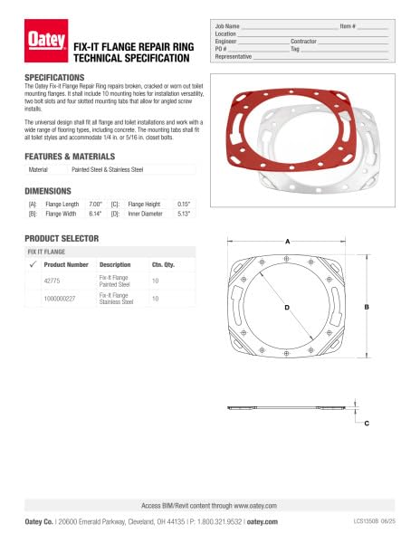 Oatey Fix-It Stainless Steel Flange Repair Ring, Adjustable Toilet Flange Repair Kit for Broken or Cracked Mounting Flanges, Secure Seal