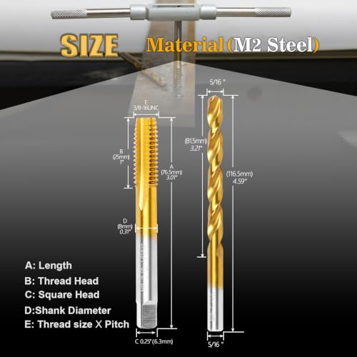 3/8"-16 UNC Tap and 5/16" Drill Bit Set,M2 HSS Threading Drill and Tap Set - size: 3/8"-16 UNC Tap & 5/16" Drill