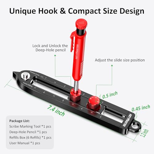 ARTYMASTER Multi-Function Scribing Tool, DIY Woodworking Scriber Line Maker, Portable Aluminum Alloy Woodworking Compass Scriber Tool, Inch Circle Marking Gauge,Deep Hole Carpenter Pencils 6 Refills.