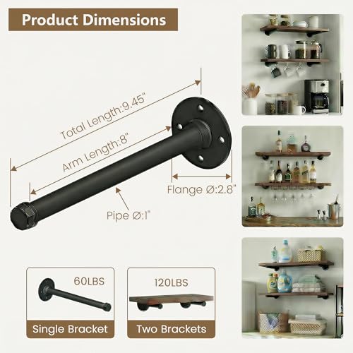 Industrial Black Iron Pipe Shelf Brackets Wall Mount DIY Shelving Brackets Pipe Decor Wall Rustic Garment Rack Hardware Included, 8 Inch Set of 8 - size: 8 inch 8 pack, style: 8 Pack