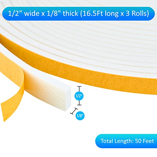 High Density Foam Weather Stripping Door Seal Strip Insulation Tape Roll for Insulating Door Frame, Window, Air Conditioner | Self Adhesive Sealing Weatherstrip (White, 1/2 in x 1/8 in x 50) - color: White, size: 1/2 In x 1/8 In x 50 Ft
