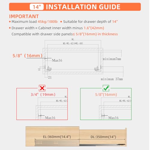 10 12 14 16 18 20 22 24 Inch Bottom Mount Soft Close Drawer Slides Full Extension Concealed Rails Track 100 lb Load Capacity 1 Pair (Soft Close Without Bracket, 14 Inch (350 mm)) - color: Soft Close Without Bracket, size: 14 Inch (350 mm)