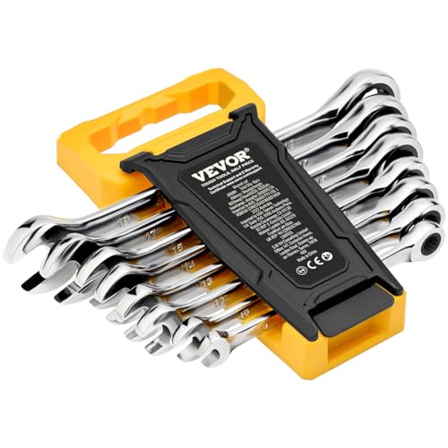 VEVOR Combination Wrench Set, 8-Piece Ratcheting Wrench Set with Organizer Rack, Cr-V Steel, Metric 8 mm to 19 mm, Ideal for General Household, Garage, Workshop, Auto Repairs, Emergency - size: 8PCS (Metric), style: Regular