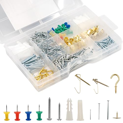 521 Pcs Picture Hanging Kit Including Drywall Anchors and Screws, Wire Hanging Nails and Screws Assortment Kit for Wall Art Hanging Kit, Picture Hangers, Cup Hooks, Push Pins - style: 521 Pcs Picture Hanging Kit